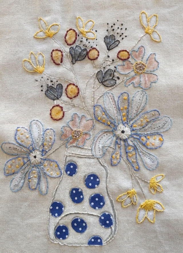 Tableau arts textiles fleurs - Le vase aux p'tits pois bleus