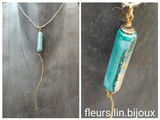 Z-Collier céramique bleue vert avec de jolis reflets et pendentif tourbillon monté sur fil de lin réglable 
