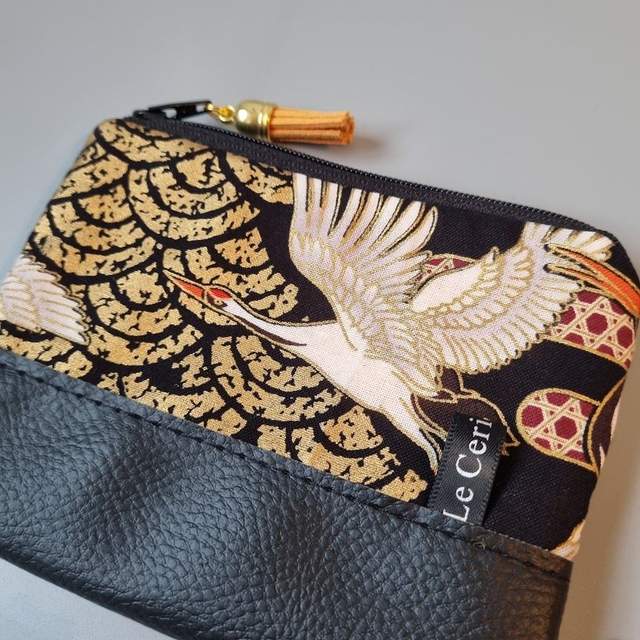 Porte-monnaie zippé "Grues" simili cuir noir