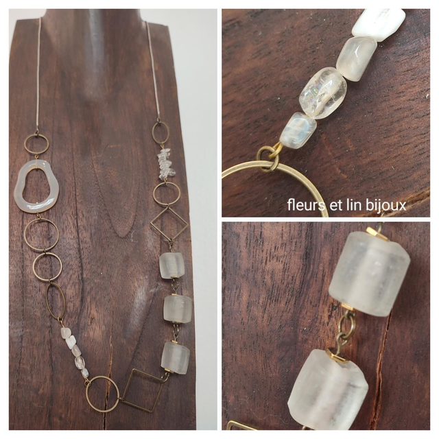 Sautoir blanc : agate, verre transparent, pierres de lune,quartz monté sur fil de lin réglable, anneaux bronze, pièce unique 