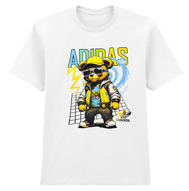 Urban Street Teddy Bear Adidas Inspired White Soft Spun Patterned T-Shirt