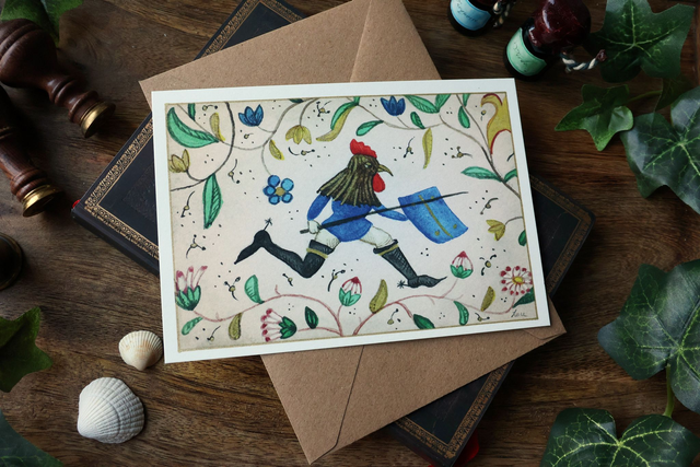 Carte postale médiévale- Coq Chevalier – Aquarelle &amp; dorures à la main – 10,5x15 cm avec enveloppe 