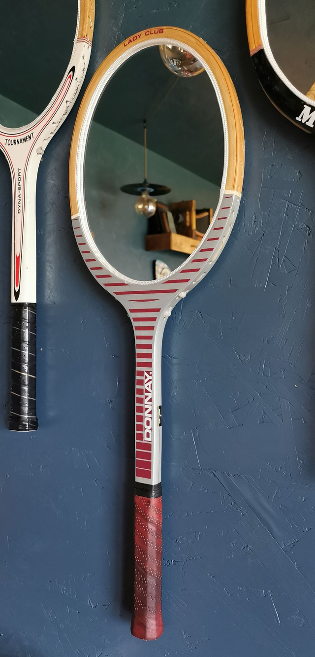 Miroir mural ovale bois raquette tennis vintage "Donnay grise bordeaux"