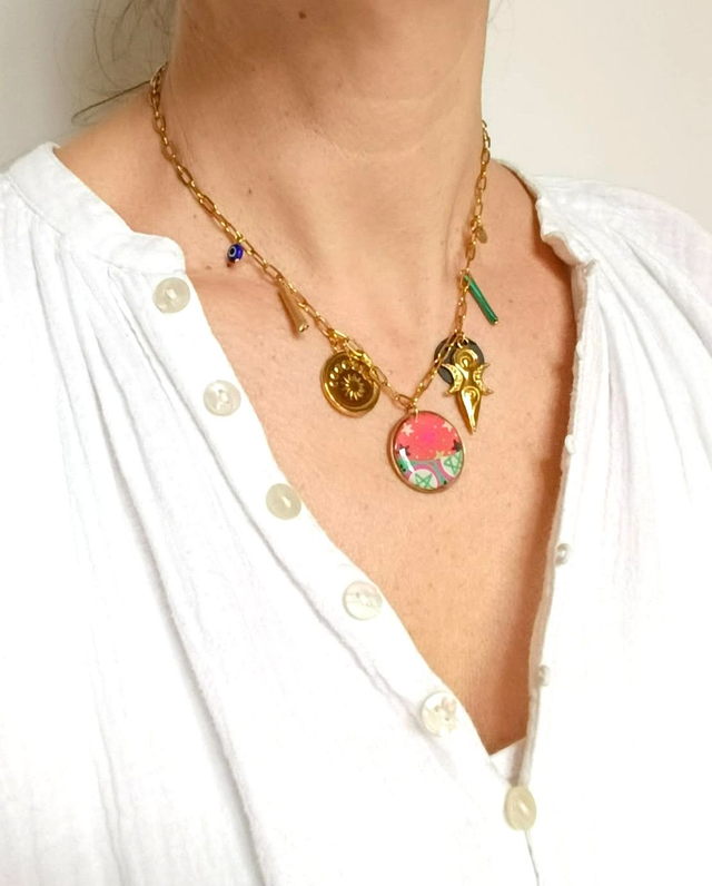 Collier à Breloques Upcyclé Carte de Tarot, Chambre à Air & Aluminium Recyclés - Pentagramme