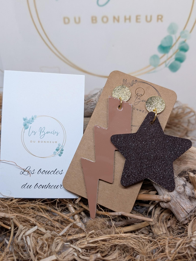 Boucles d'oreilles Asymétrique beige vernis chocolat as018