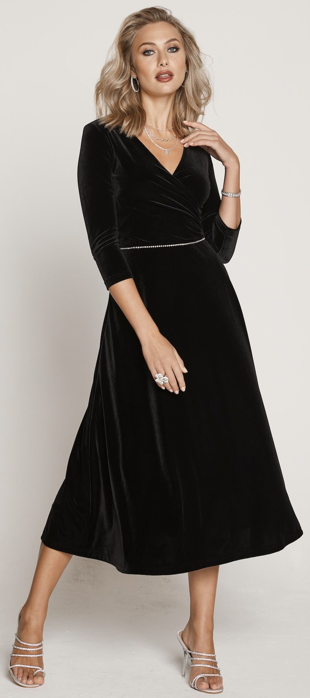 TIA Black Velvet V Neck Dress With Diamante Waist Detail
