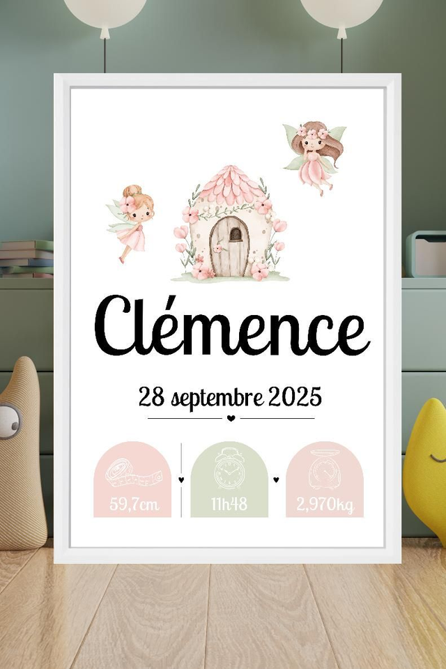 Toile de naissance personnalisée encadrée – Cadeau de naissance unique – Décoration chambre bébé – Souvenir doux et poétique