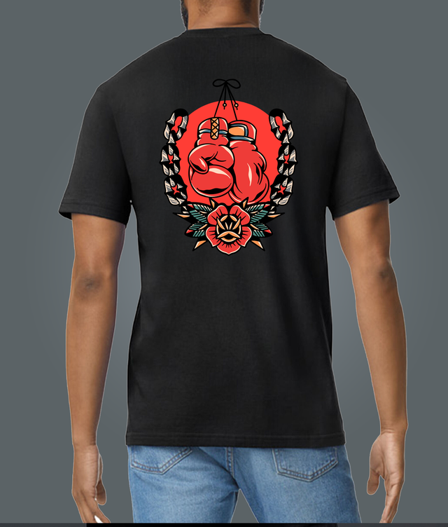 Traditional Tattoo Style Boxing Gloves Black Soft Spun Patterned T-Shirt