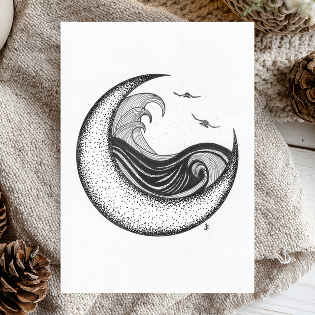 "Moonlight Waves" Moon Pointillism Art Print (5"x7")
