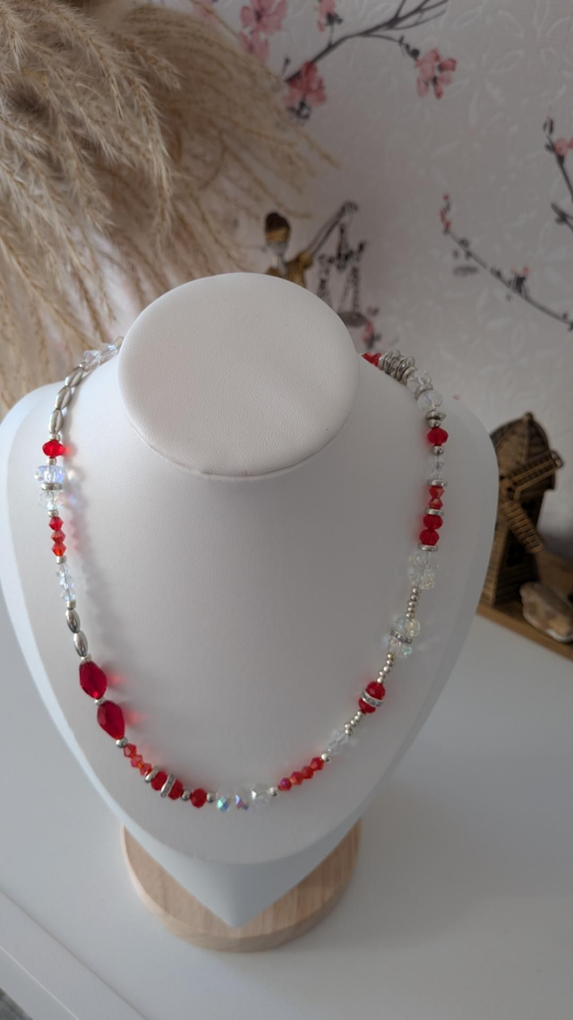 Handmade red and white crystal beaded necklace