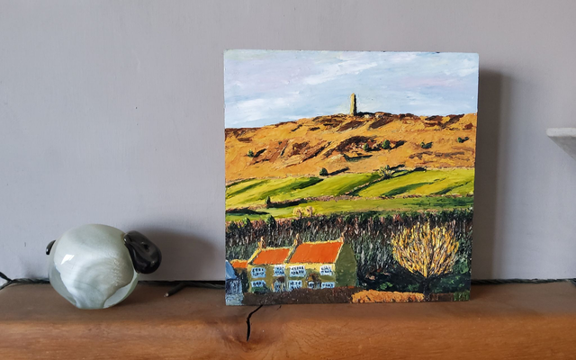 Late afternoon light over Captain Cooks Monument and Easby Moor. Original oil on 20x 20cm wooden canvas. 
