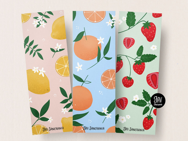 Summer fruits bookmarks - set of 3. Lemons, oranges and strawberry