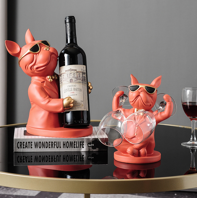 V1-1.2 -  Porte-bouteille de vin et verre à vin statue de chien pour la décoration de table 