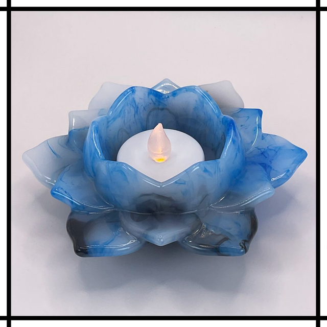Handmade Resin Lotus Flower Tealight Holder – Ink Drop Blue, Black and White | Decorative Mindfulness Home Décor - LTH-018