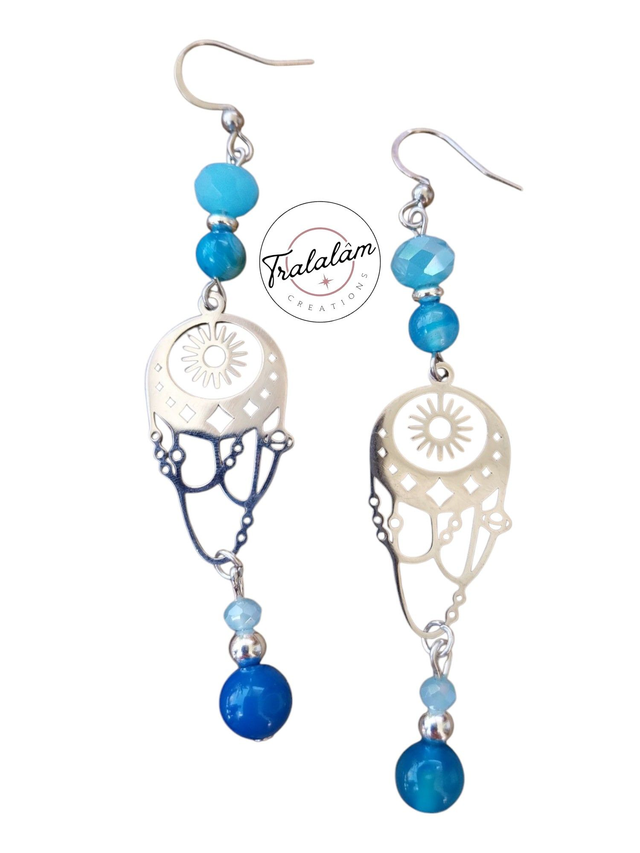 ✨Boucles estampes Solaris argentées perles bleu lagon✨