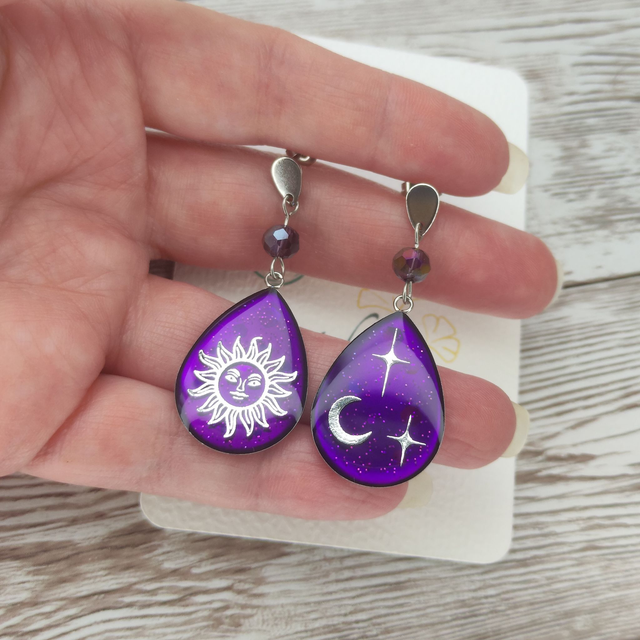Boucles &quot;Lola&quot; violet soleil et lune acier inoxydable 