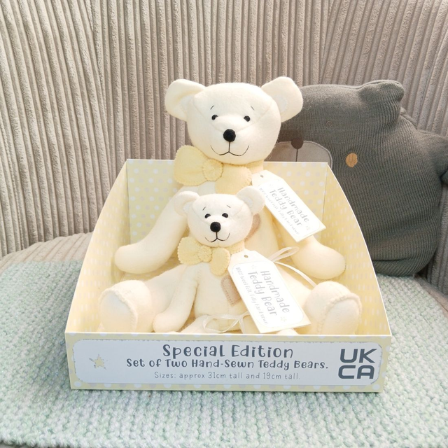 Special Edition Two-Bear Set. Handmade teddy bears. UKCA. Tray base packaging. Standard Wool Felt. Cream, beige, yellow, white.