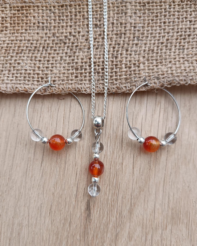 Parure cristal de roche et cornaline