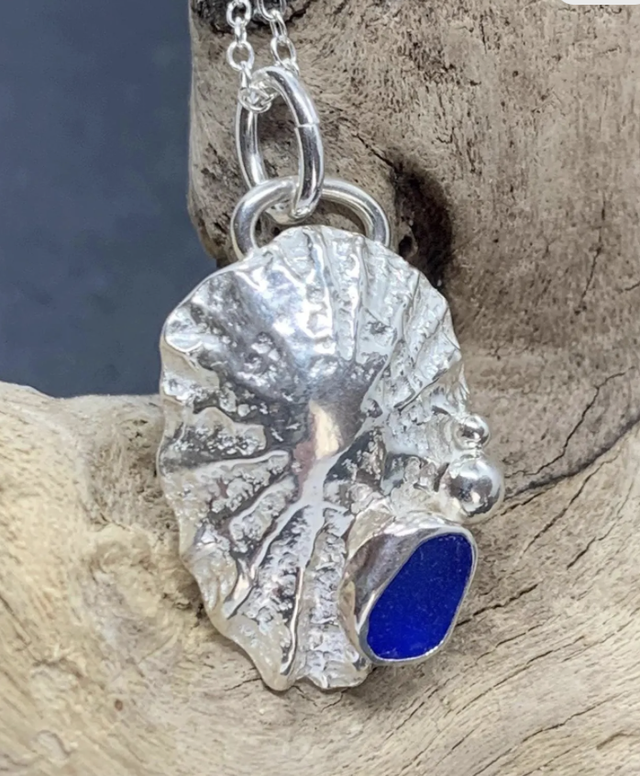 Blue Seaglass Seashell Pendant - Handmade Seaglass & Sterling Silver Necklace