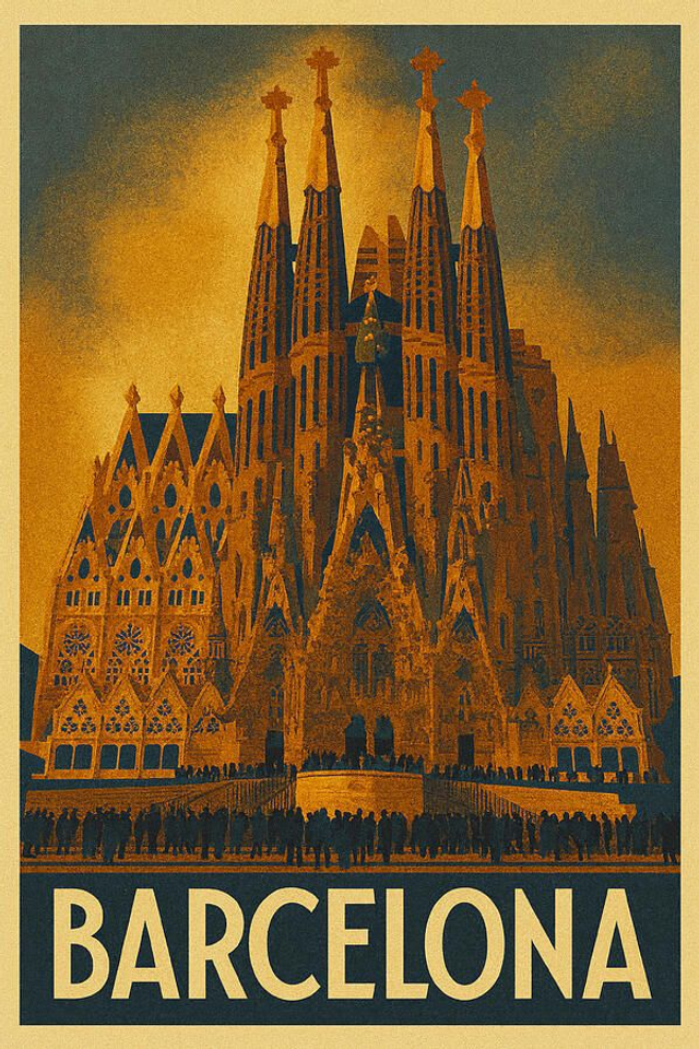Póster de viaje vintage de la Sagrada Familia de Barcelona
