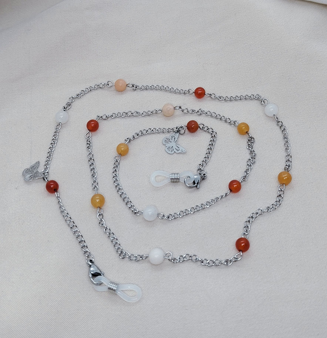 Chaîne de lunettes 78 cm acier inoxydable et pierres naturelles (aventurine orange rouge, aventurine rose, cornaline)