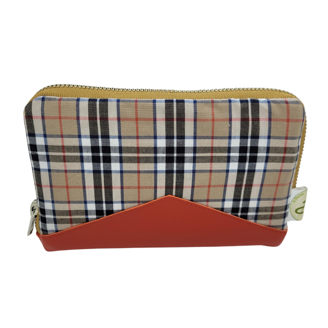 Portefeuille zippé moyen tartan et cuir d'agneau rouge