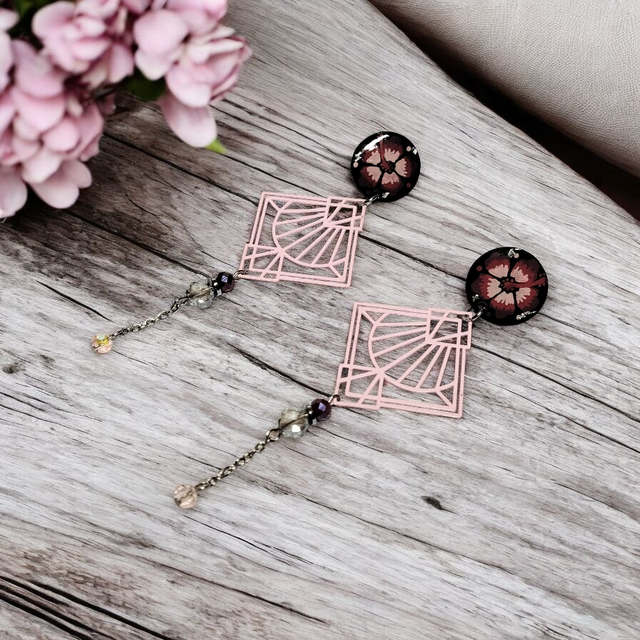 Boucles d'oreilles Flora rose et bordeaux