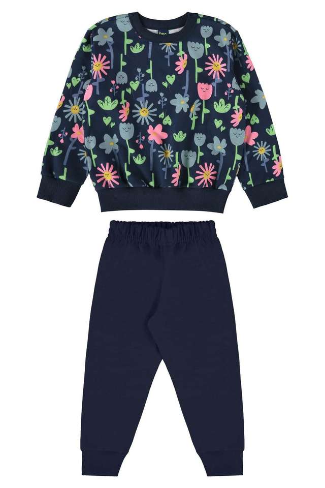 Conjunto Moletom sem felpa Floral Marinho 