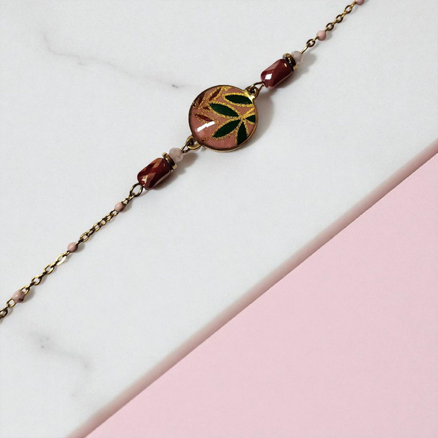 bracelet acier inoxydable motifs japonais rose bordeaux vert et doré