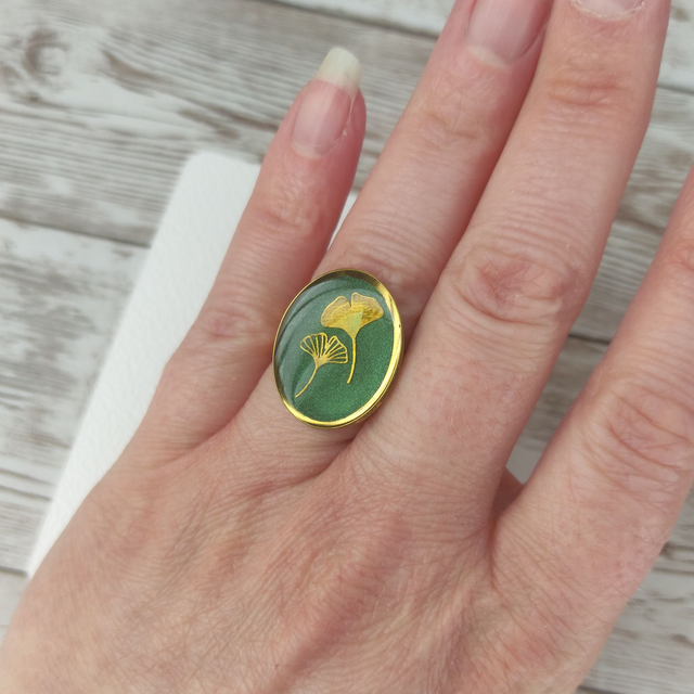 Bague acier &quot;Vert et Gingko&quot; réglable 