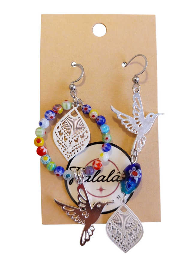 ✨Boucles d'oreilles colibris asymétriques perles millefiori✨(172BO)