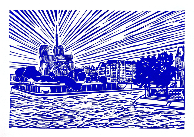 Paris : Quais de Seine et Notre-Dame • Linogravure bleue 21 x 30 cm