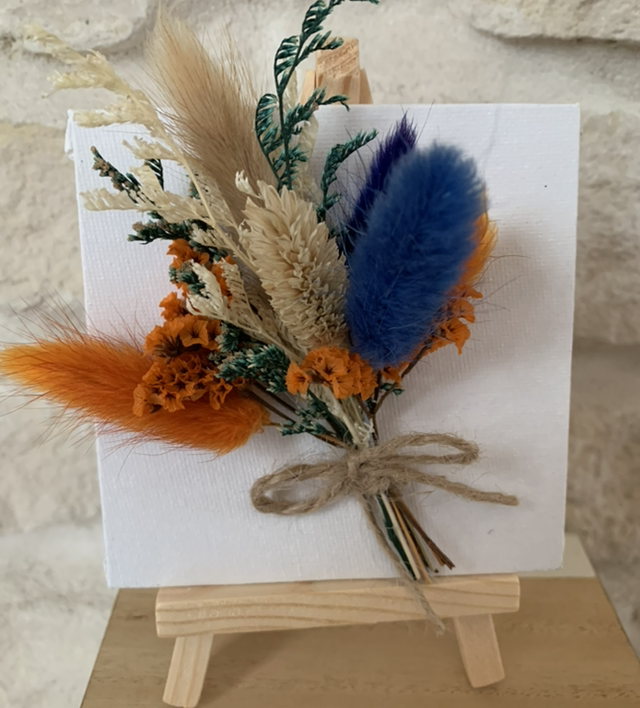 Mini tableau et bouquet orange/bleu
