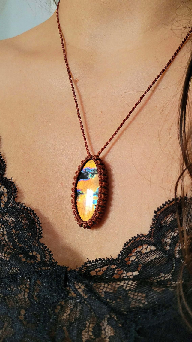 Collier macramé orange cuivré - Labradorite multicolore