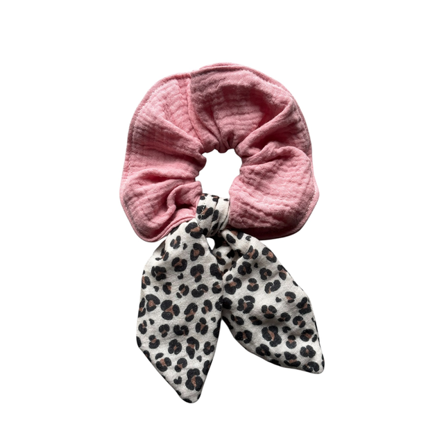 Chouchou Rose poudrée et noeud léopard beige