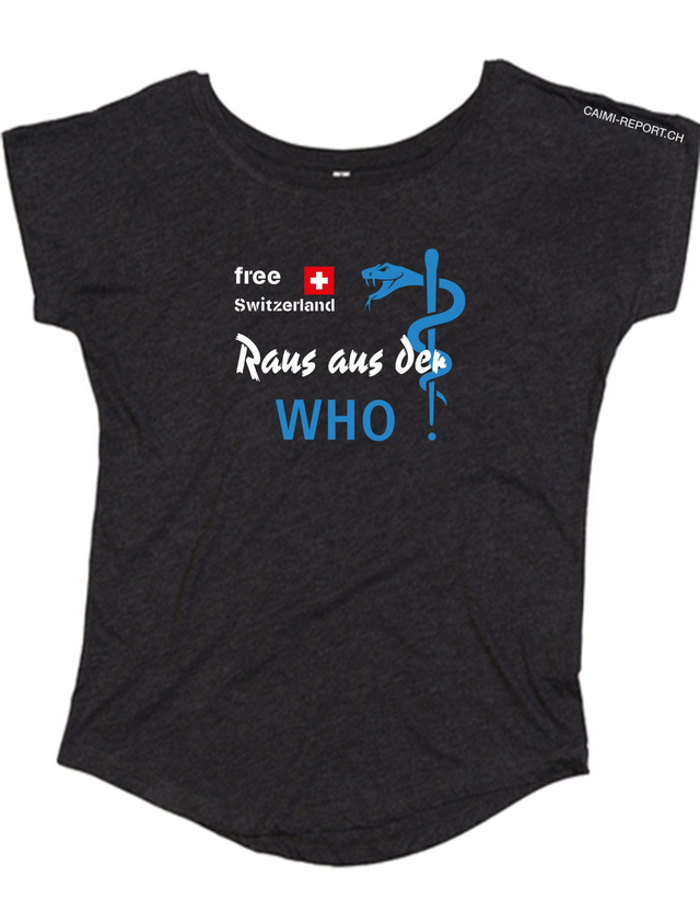 Ladies' Shirt, schwarz, «Raus aus der WHO» free Switzerland