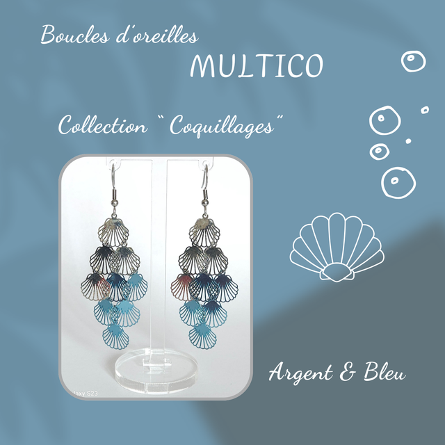 Boucles d&#039;oreilles MULTICO - Collection Coquillages - Argent et Bleu