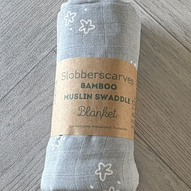 Blue Grey Stars Bamboo Muslin Swaddle Blanket 