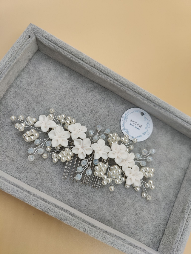 Bijoux cheveux fleurs en pâte polymère et perles, peigne à cheveux fleurs polymères