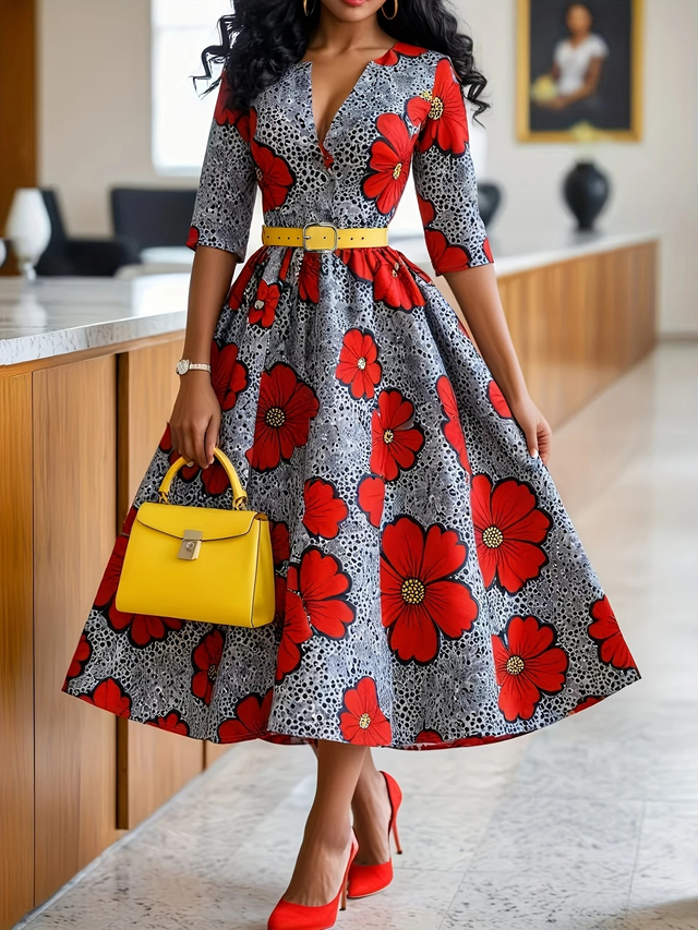 Women's European and American Style V-Neck Printed Waist-Cinched Dress