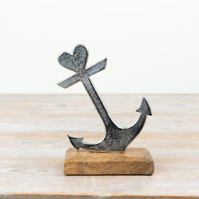 Aluminium &amp; Wood Anchor Ornament – 18cm Nautical Home Décor