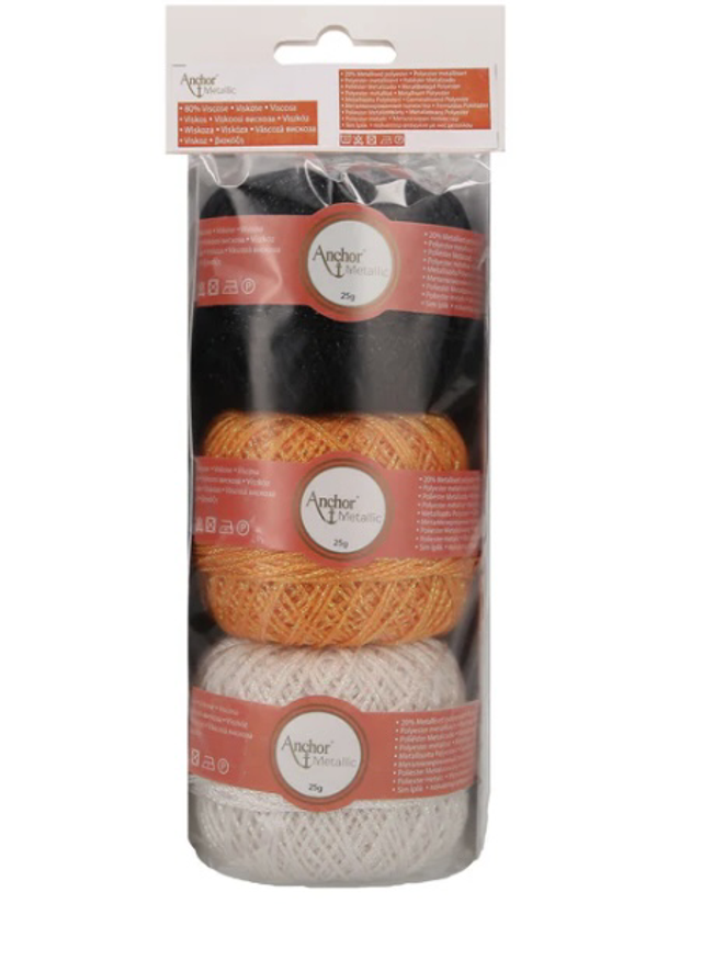 Crochet Yarn: Anchor Metallic: Assortment: 3 x 25g: Halloween Bat Assortment of crochet yarns: Anchor Metallic, 2 x 25g balls