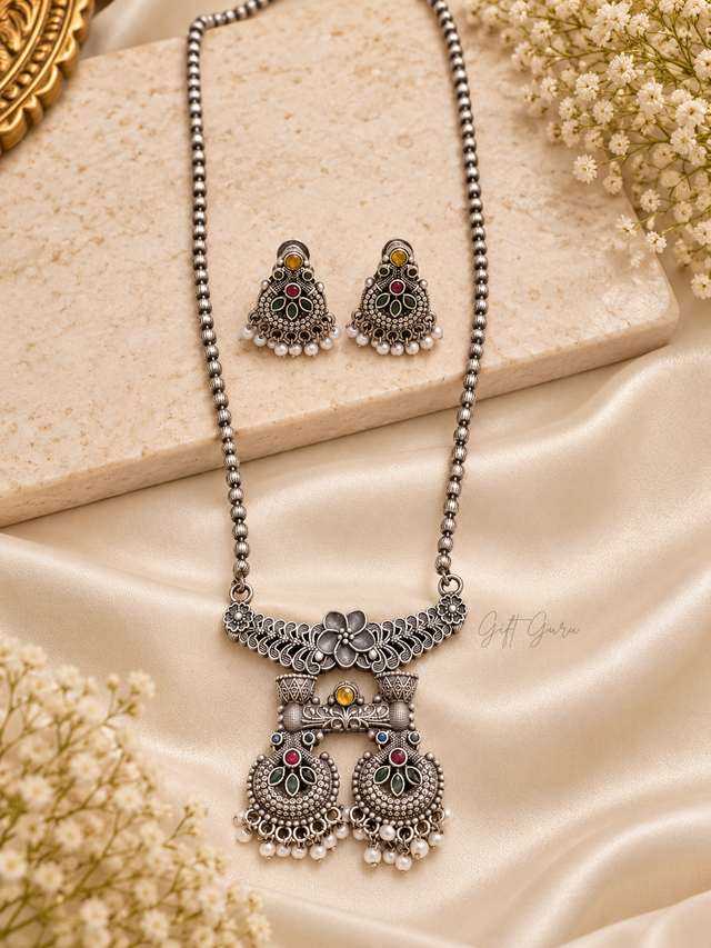 Oxidized silver-plated long ethnic necklace