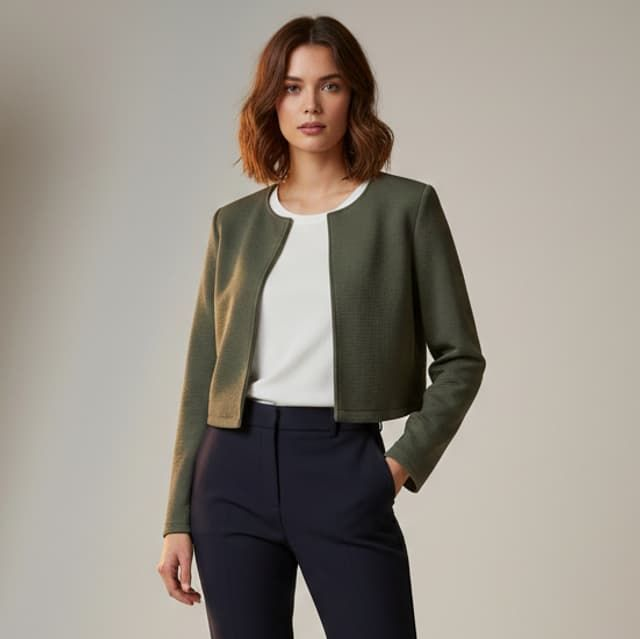 Veste Boléro Courte Vert Kaki à Reliefs – Coupe Ouverte Élégante. Taille unique 