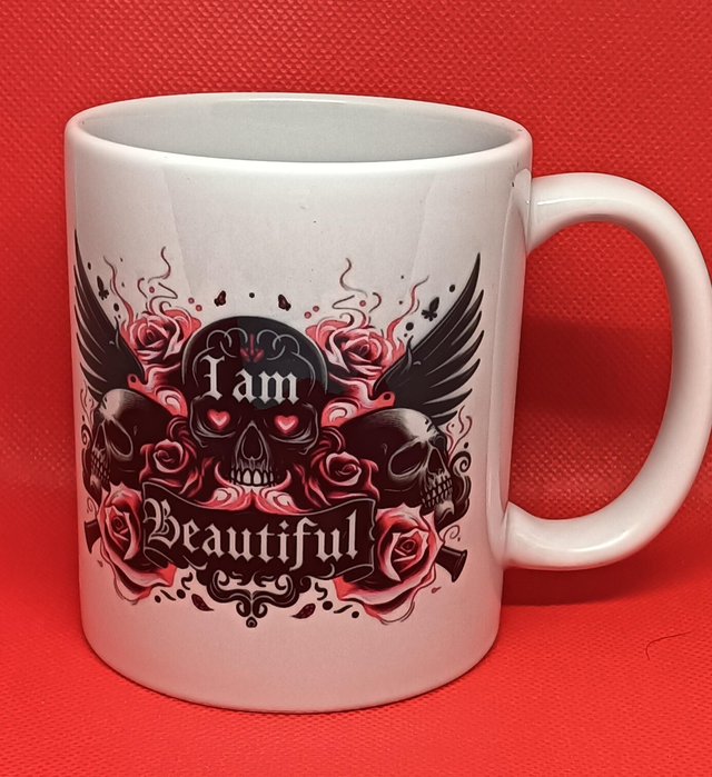 Custom Printed I Am Beautiful Winged Skull And Roses Mug