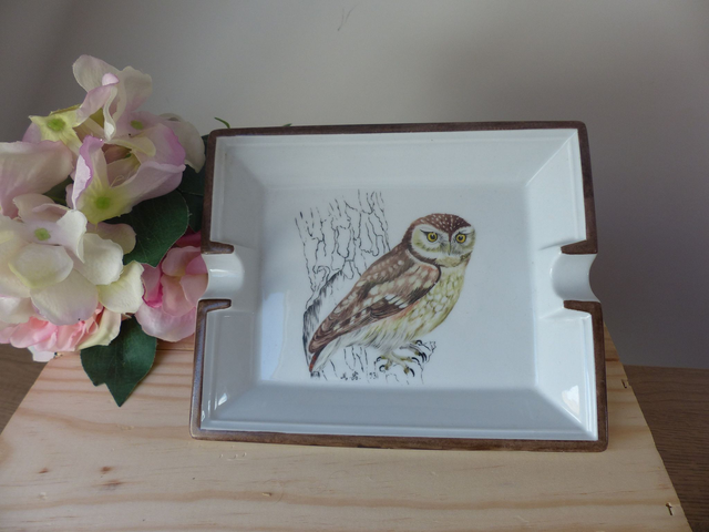 Vide Poche, Cendrier en Céramique Coupelle Rangement Décor Oiseau Chouette Peint à la Main, Décoration Bureau, Cadeau Amoureux des Chouettes
