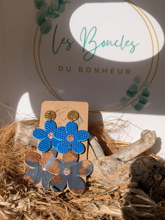 Boucles d&#039;oreilles Marguerite bleu cuivré gris m1031