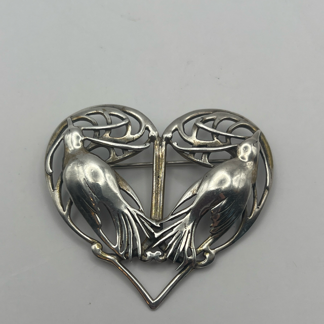 Silver Heart Brooch with Two Birds