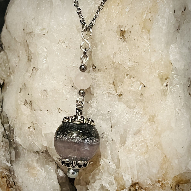 Crystal Energy Sphere Drop Pendant with Rose Quartz/metal shavings & infinity symbol