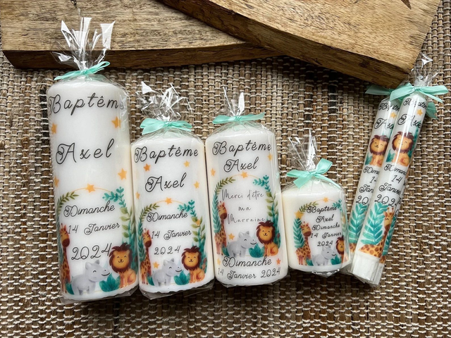 Bougie baptême, communion, naissance personnalisée Safari, lion, girafe, rhinocéros
